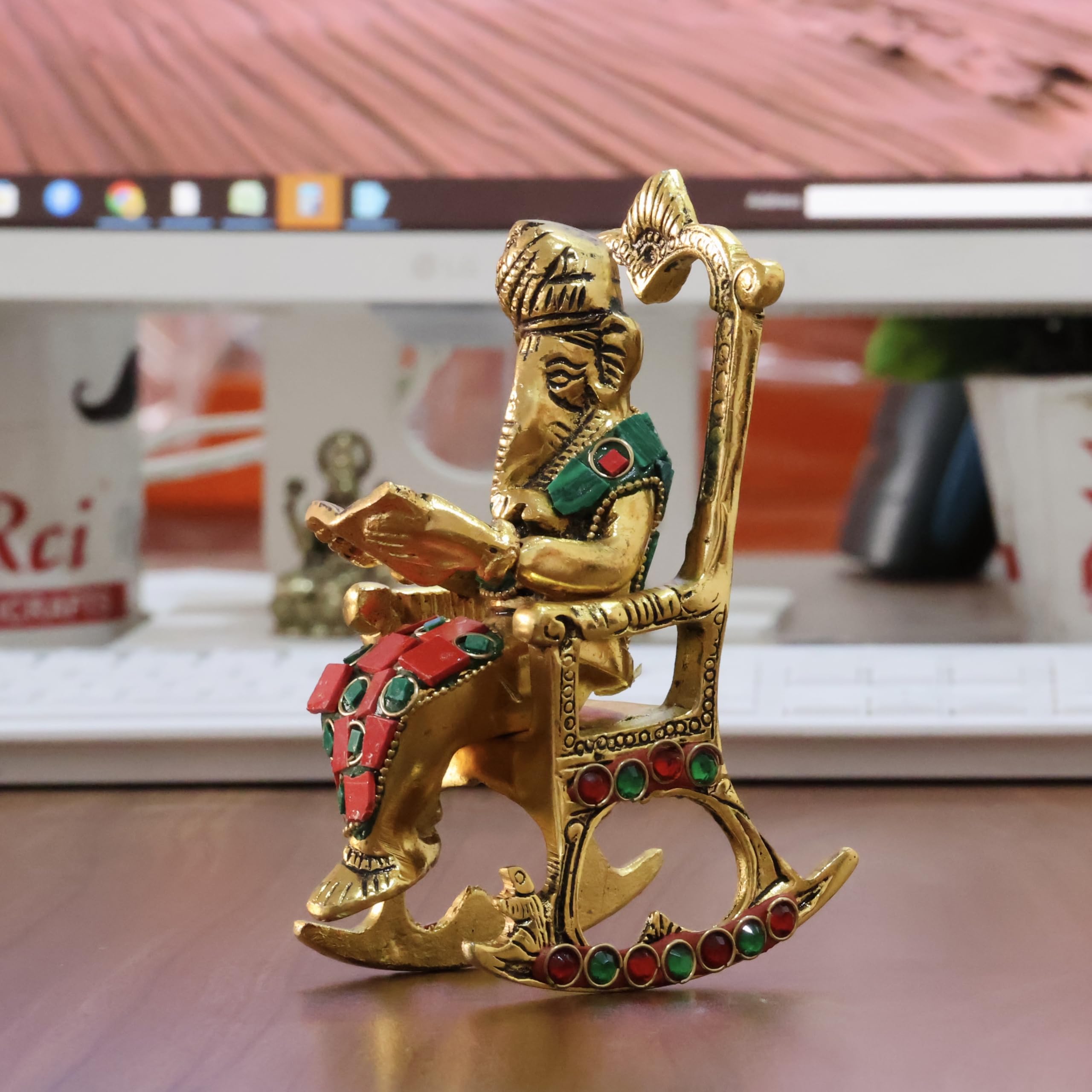 Kridaykraft Chair Ganesha Ji Reading Book With Stone Work,Ganesha Metal Statue,Ganpati Murti Idol For Pooja & Home,Office Dcor G